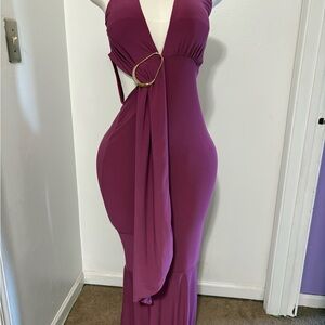 Backless Plunge Maxi Dress in Plum with Gold Ring Detail NWT Large